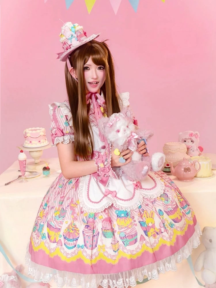 and Dress Print Maid Peter Pan Yellow Lolita Pink Bunny Cupcake Collar