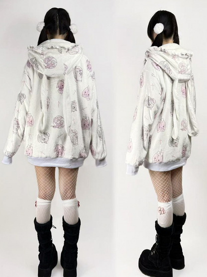 Hooded White Jirai Pattern Fleece Kei Bunny Bunny-Ear Cartoon Jacket