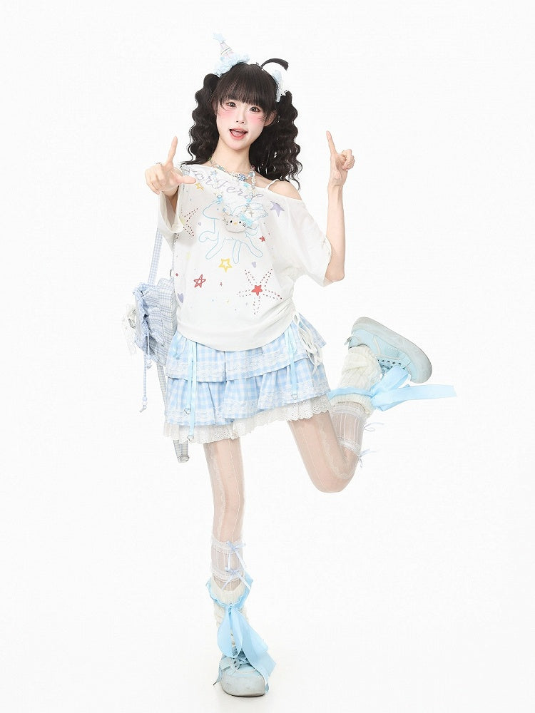 White Pegasus Print Asymmetric Shoulder T-Shirt with Rhinestone Details - Languid Park
