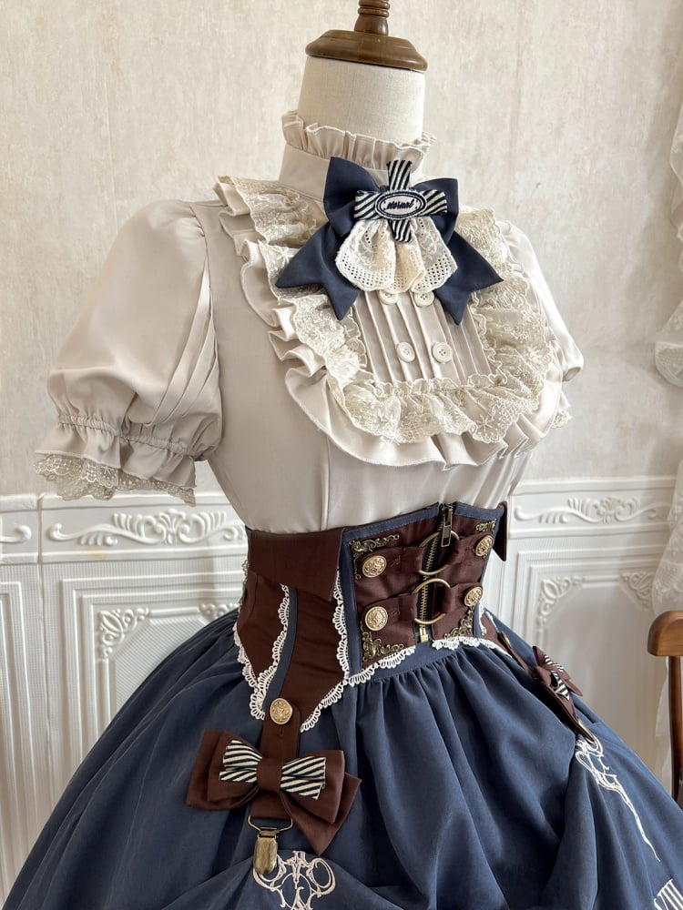 Aprikosenfarbenes Hemd mit Rüschenausschnitt + brauner Korsettgürtel + blauer Rock Steampunk Lolita Set