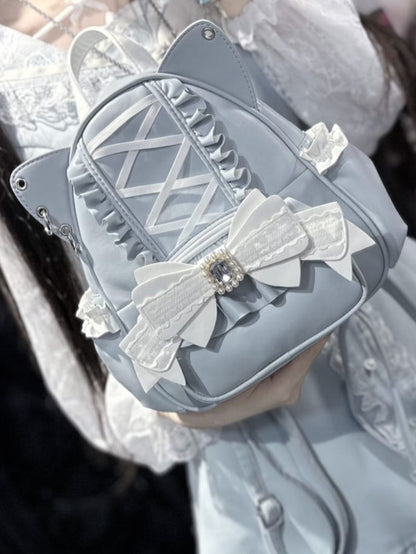 Jirai Kei Blue Cat Ear Backpack With Beaded and Rhinestone Bow Light