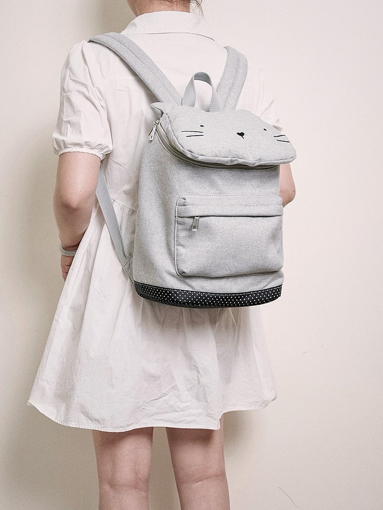 Kawaii Flap Backpack Charming Cat-Ear Kitten Grey With Design Embroidered
