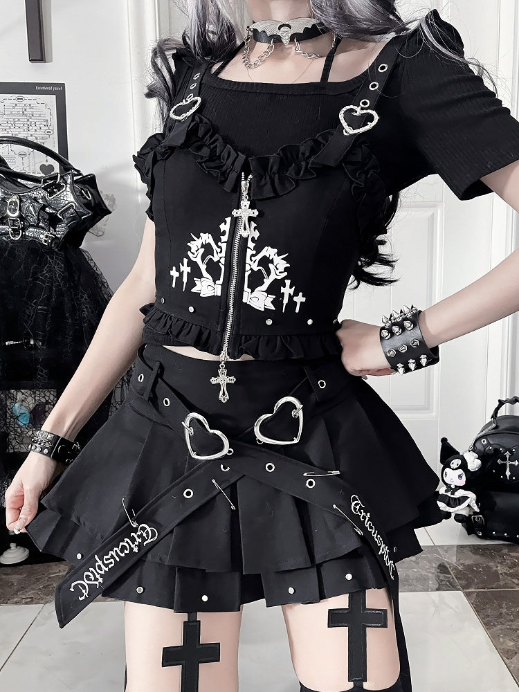 Black Ruffled Studded Vest with Cross Zip & Heart Straps