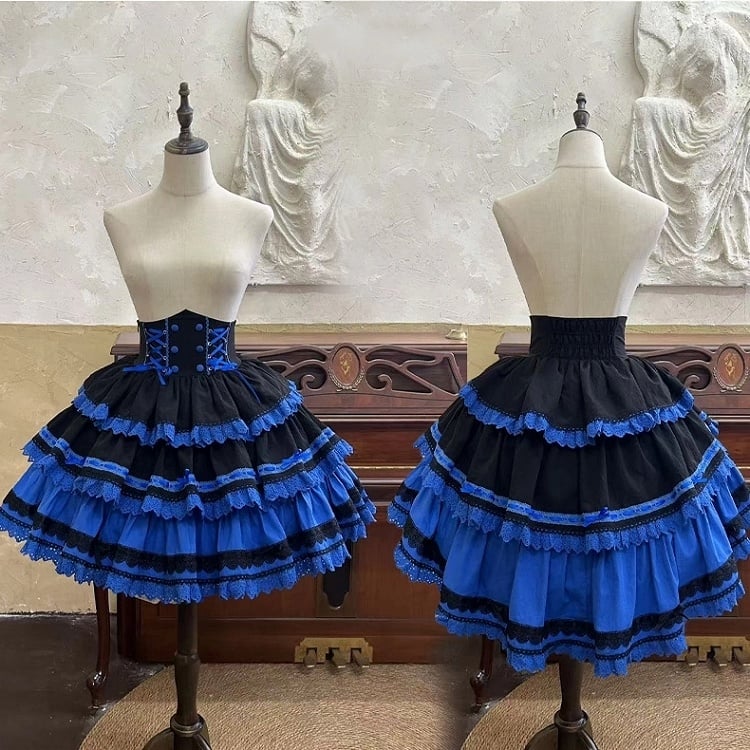 Mehrlagiger Lolita Gothic Blauer Taillenrock Hoher Schwarzer Klein und Korsett
