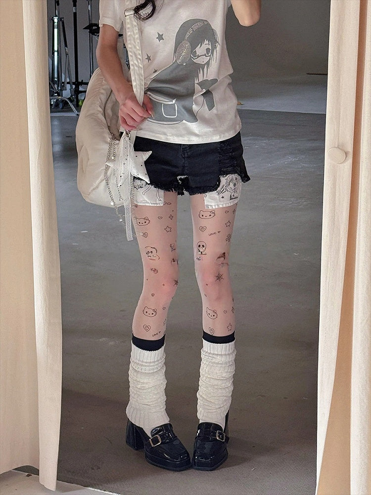 Style) (Playful Skull Pantyhose Print Kitty and Sweet