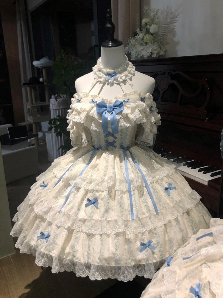 with Neck Lolita Halter Bowknots Dress Print Hime Trim Floral and Lace Blue White