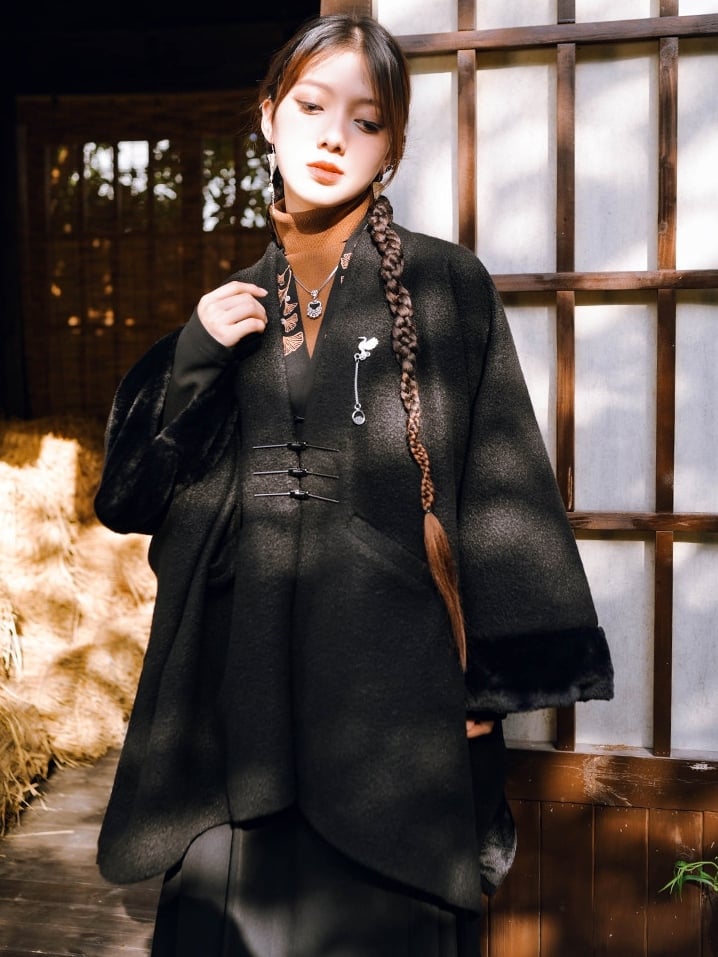 Frog - Cape Black Style Chinese V-Neck Button Closure