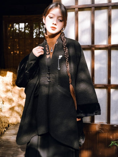 Frog - Cape Black Style Chinese V-Neck Button Closure