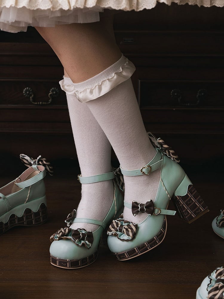 Schnalle Plattform GrünBraun Heels Bowknot Herz Schokolade Janes Mary Block Hohe Details Gestreift