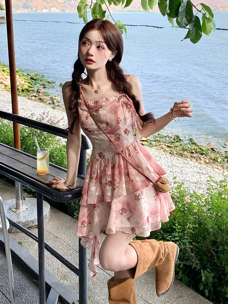 Red Floral Asymmetrical Ruffle Hem Summer Dress - Qchiwawameme