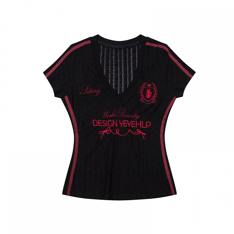 ブラック/ホワイト Vネック レター刺繍 セミシアーTシャツ