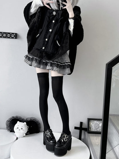 デザイン取り外し可能なプラッシュケープ、蝶結びフード、ジライケイブラックバニーイヤー