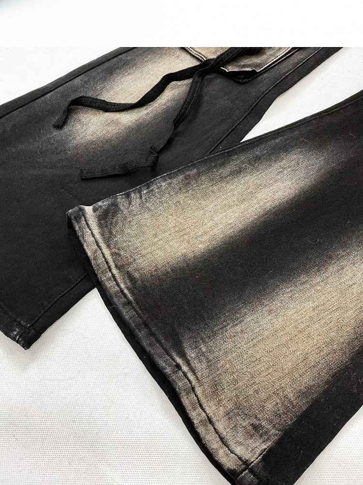 ダメージ加工のフレアブラックジーンズデザインシルエットビタースウィート