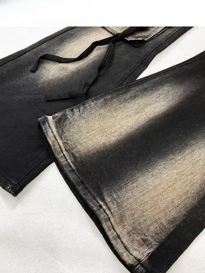 ダメージ加工のフレアブラックジーンズデザインシルエットビタースウィート