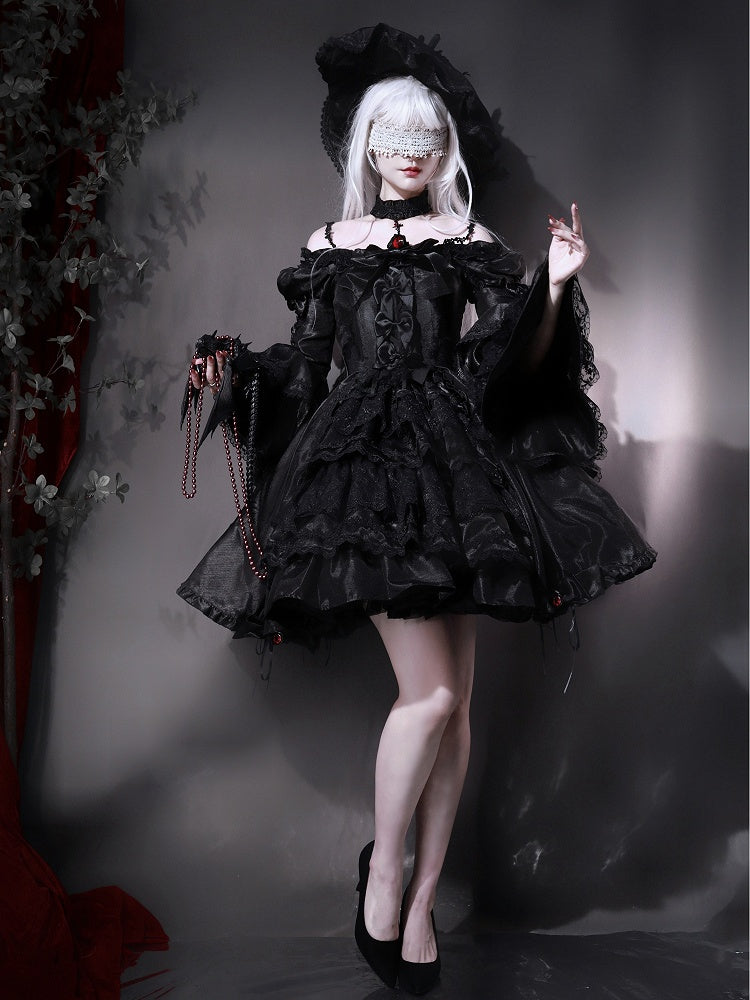 Kuro Kordelzugkleid Glockenärmel Rock Gothic Schwarz Bowknot Lolita Details und Lagen