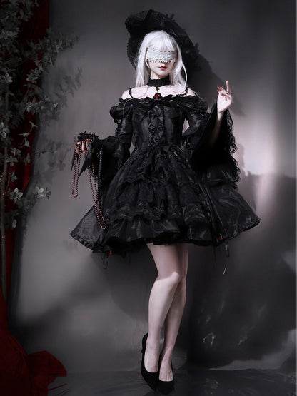 Kuro Kordelzugkleid Glockenärmel Rock Gothic Schwarz Bowknot Lolita Details und Lagen