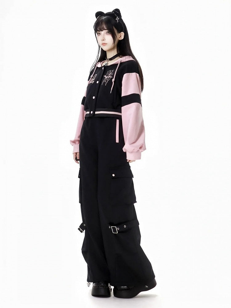 Schwarze und rosa Baseballjacke mit Kapuze, kurze/lange Version