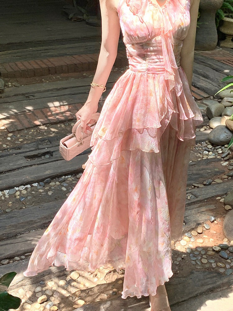 Pink Oil Painting Print Ruffle Trim Summer Holiday Dress - Qchiwawameme