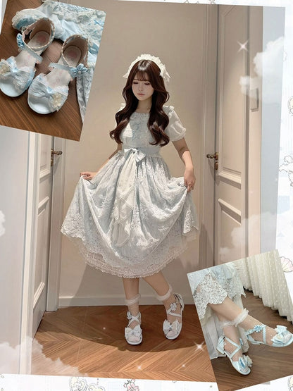 Kawaii Light Blue Buckle Sandals with Flower Lace Bow - Sheep Puff