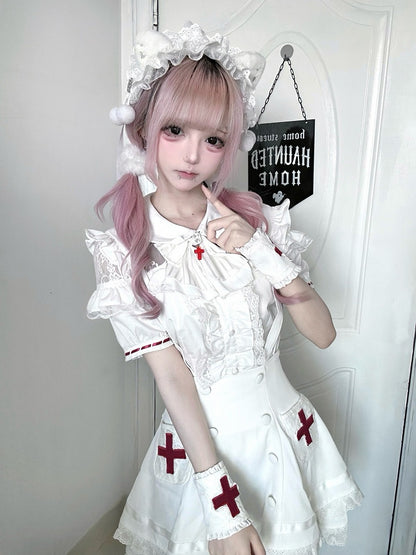 White Lace Blouse & Skirt Set with Straps & Bow - Shi Zhai Xin