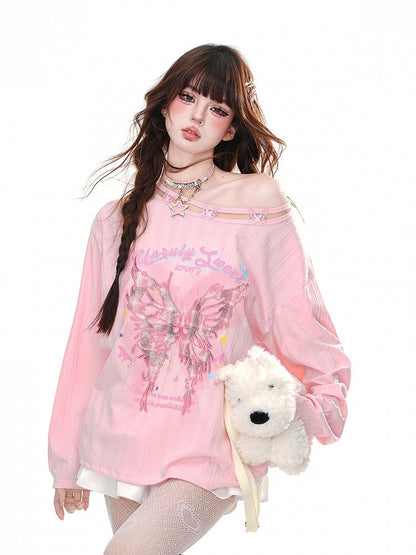 Pink/Apricot Asymmetrical Neckline Butterfly Loose Graphic Top