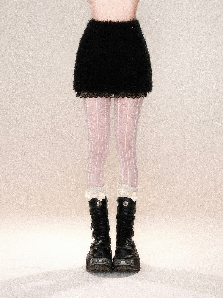 ホワイト/ブラックレーストリム厚手スカート