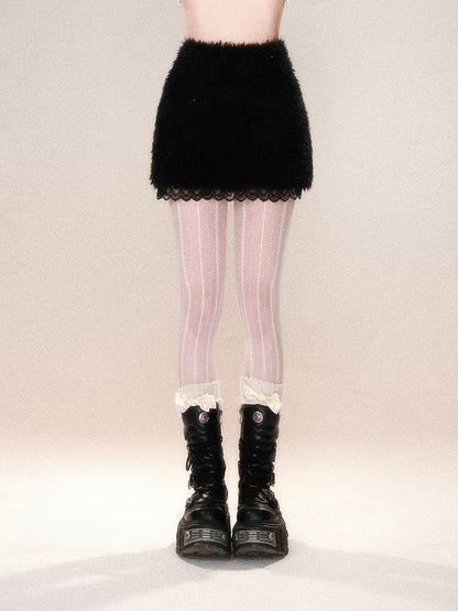 ホワイト/ブラックレーストリム厚手スカート