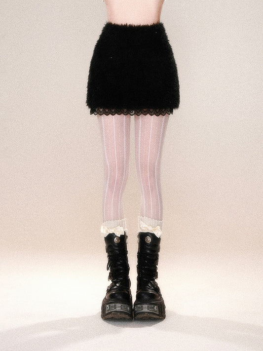 ホワイト/ブラックレーストリム厚手スカート