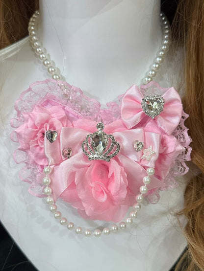 Design Pendant Heart Decorated Rhinestone Trim Necklace Lace Details Bowknot Beaded Floral Pink