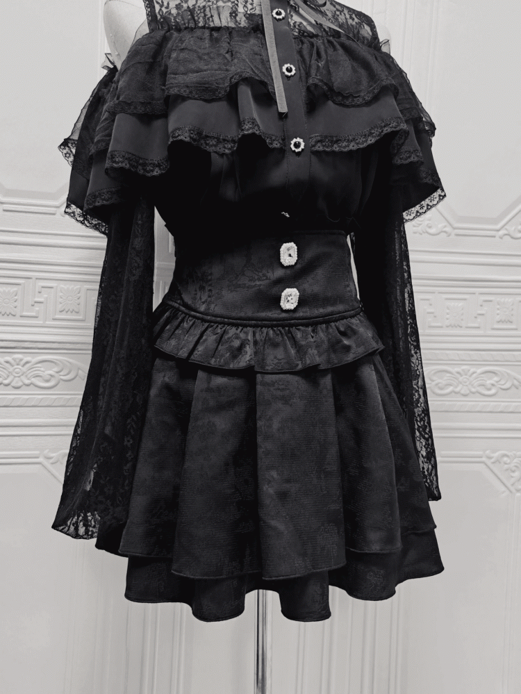 Kei Sweet Jirai Skirt:High-Waist Rhinestone Details Black Jacquardwith Dark Square