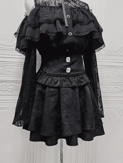 Kei Sweet Jirai Skirt:High-Waist Rhinestone Details Black Jacquardwith Dark Square