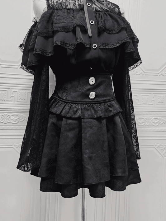 Kei Sweet Jirai Skirt:High-Waist Rhinestone Details Black Jacquardwith Dark Square