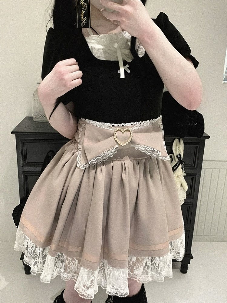 Bow Decorated Skirt with Lace Trim, Jirai Style, 4 Colors - Kitty Bxllet