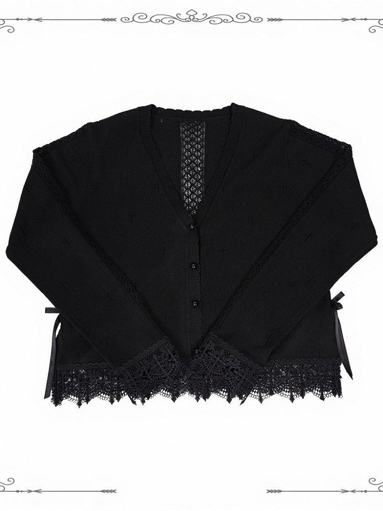 Scalloped Eyelet Trim Cardigan in Black and Purple - iris de nuit