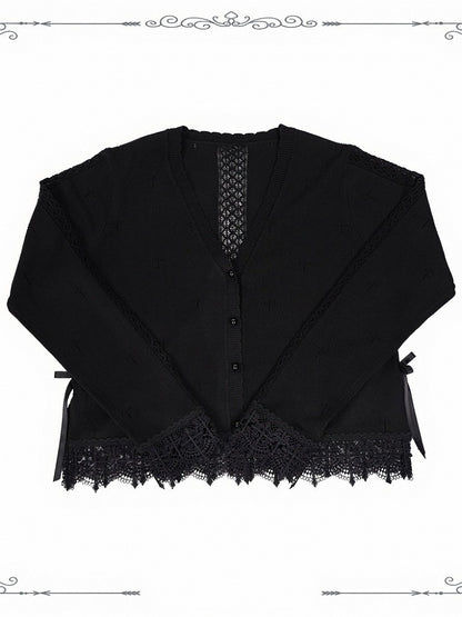 Scalloped Eyelet Trim Cardigan in Black and Purple - iris de nuit