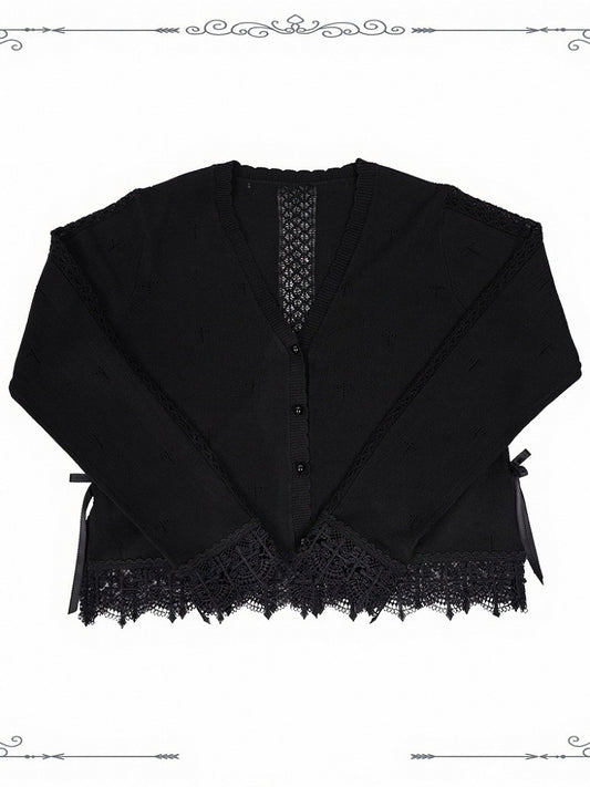 Scalloped Eyelet Trim Cardigan in Black and Purple - iris de nuit