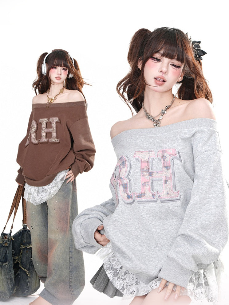 ブラウン/グレー オフショルダー ネックライン レター ルーズ スウェットシャツ