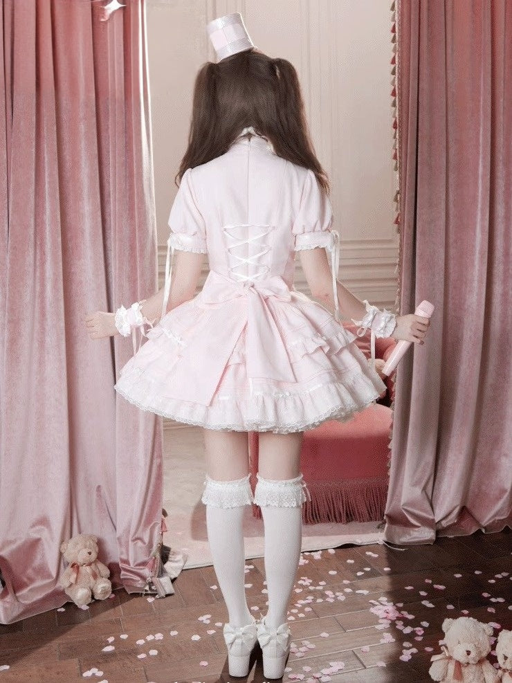 Adorable Pink OP Dress with Heart Buttons, Puff Sleeves, Lace & Bow Accents - Cat Cake