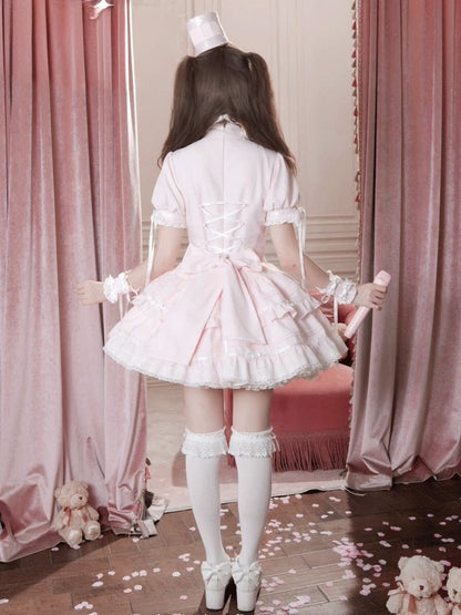 Adorable Pink OP Dress with Heart Buttons, Puff Sleeves, Lace & Bow Accents - Cat Cake