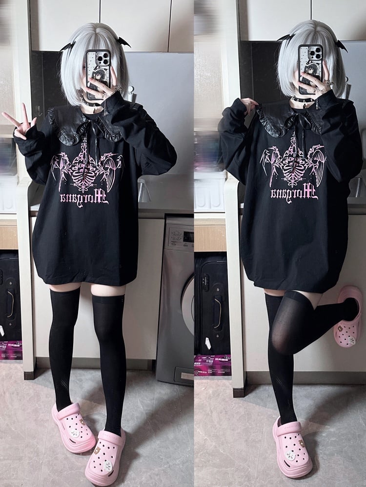 Jirai Kei – Schwarz-weißes Grafik-Top mit abnehmbarem Kragen