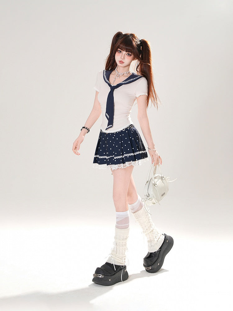 + Tシャツセット プリーツセーラー 水玉模様 取り外し可能なブルースカート ネイビー アプリコット スリムフィットカラー