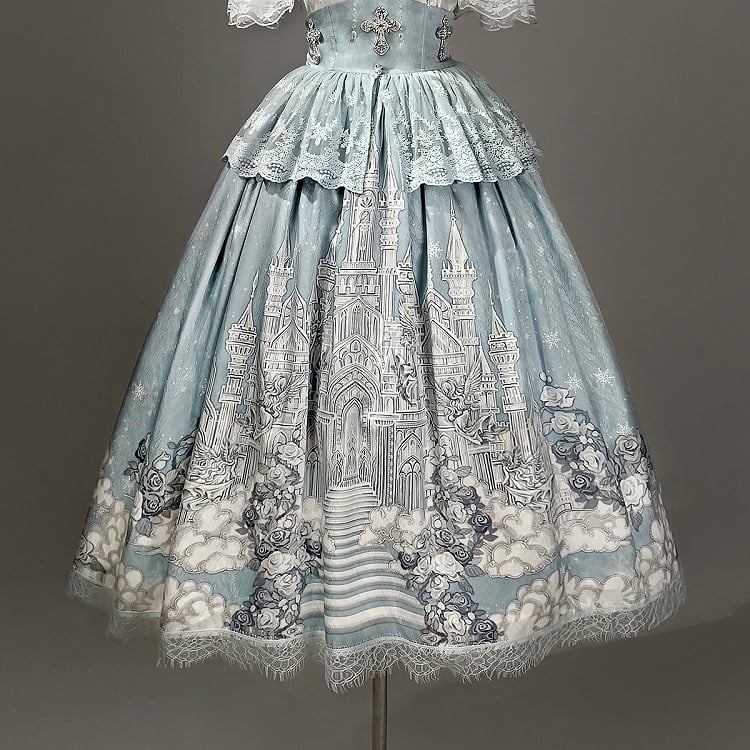 Weißer Rock mit hoher Cape-Taille, Top, Camisole + Tüll-Print, Castle Blue