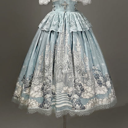 ホワイトスカート ハイケープウエストトップ キャミソール + チュールプリント キャッスルブルー