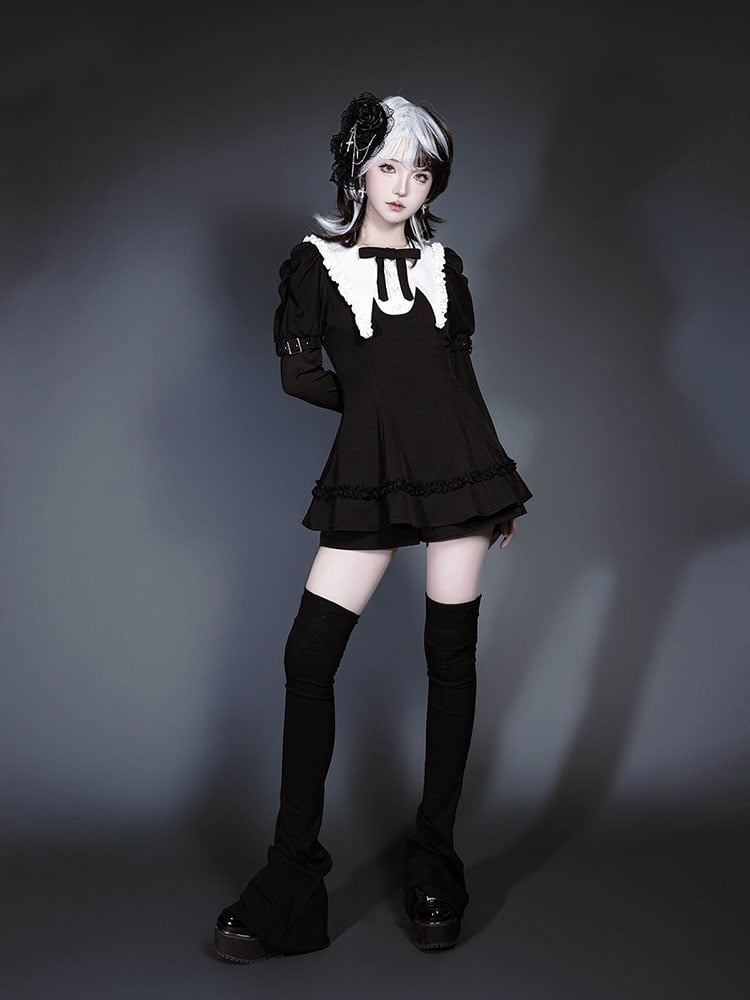 Black Jirai Juliette Flat Gothic Pointed Top with Sleeves Kei Set: Three-Piece White Collar
