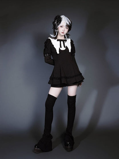 Black Jirai Juliette Flat Gothic Pointed Top with Sleeves Kei Set: Three-Piece White Collar