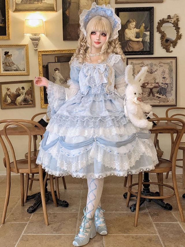Hellblauer Lagenrock mit Schleife und Akzent, Hanayome-Kleid, süßer Hime-Lolita-Pulloverrock