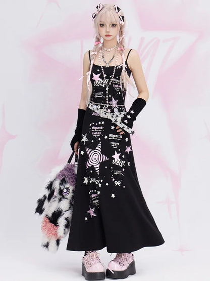 Black Y2K Stars Tea Length Cami Dress