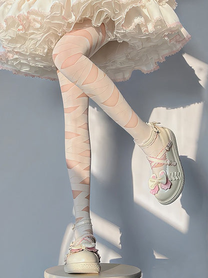 ブラック/ホワイト ロリータ クリスクロス バンドタイツ