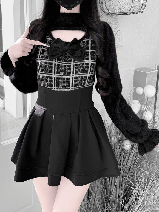 Landmine Mink Knit: Plush in Soft Open-Bust Gray Plaid Style Black Sweater