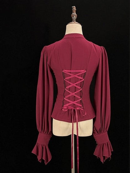 Jabot Tie and Ruffled Red Blouse Placket Long-sleeved Lolita with